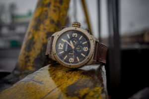 a fossil watch is placed on the log