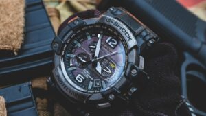 Close-up of a rugged G-Shock wristwatch showcasing design and functionality.