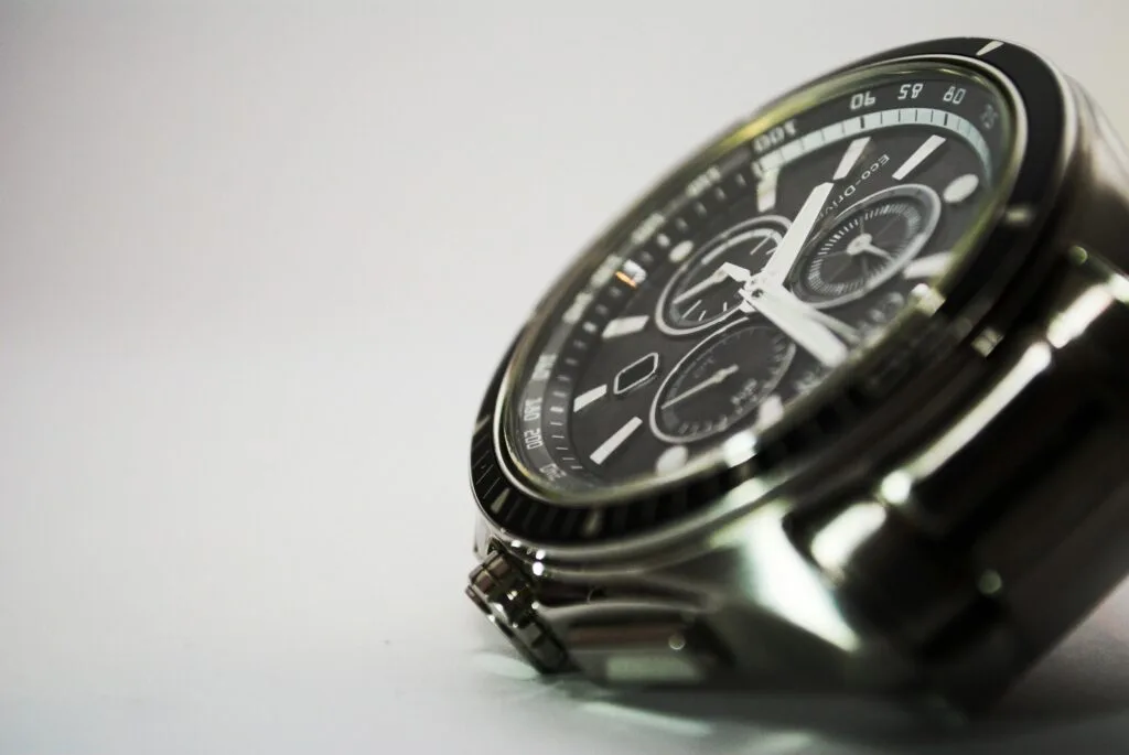 Citizen Eco-Drive chronograph resting on a pale surface