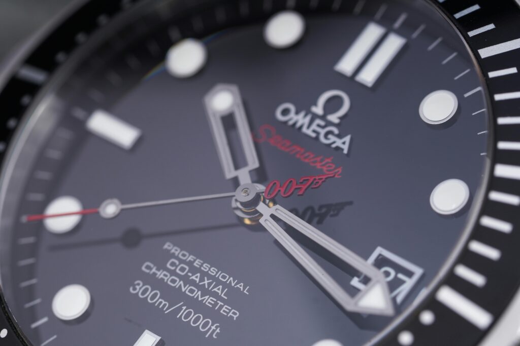 Close-up shot of Omega Seamaster 007 Edition, featuring the elegant clock face and intricate details.