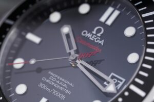 Close-up shot of Omega Seamaster 007 Edition, featuring the elegant clock face and intricate details.