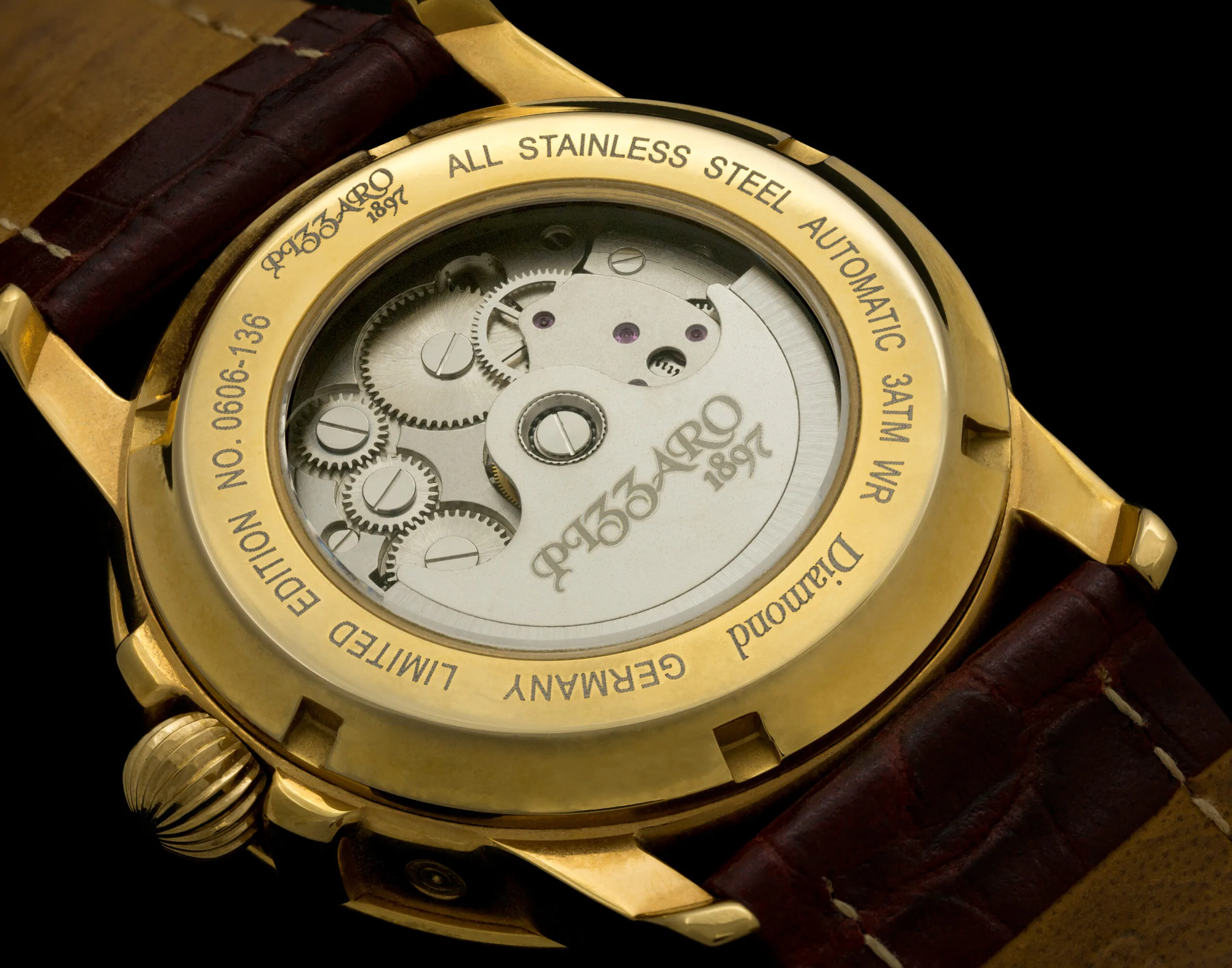 Self-winding wristwatch with transparent caseback showing the rotor