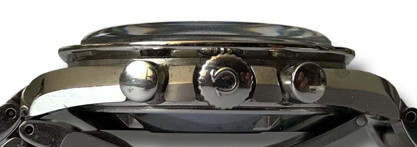 Side view of an Omega Speedmaster Professional showing the chronograph pushers and crown