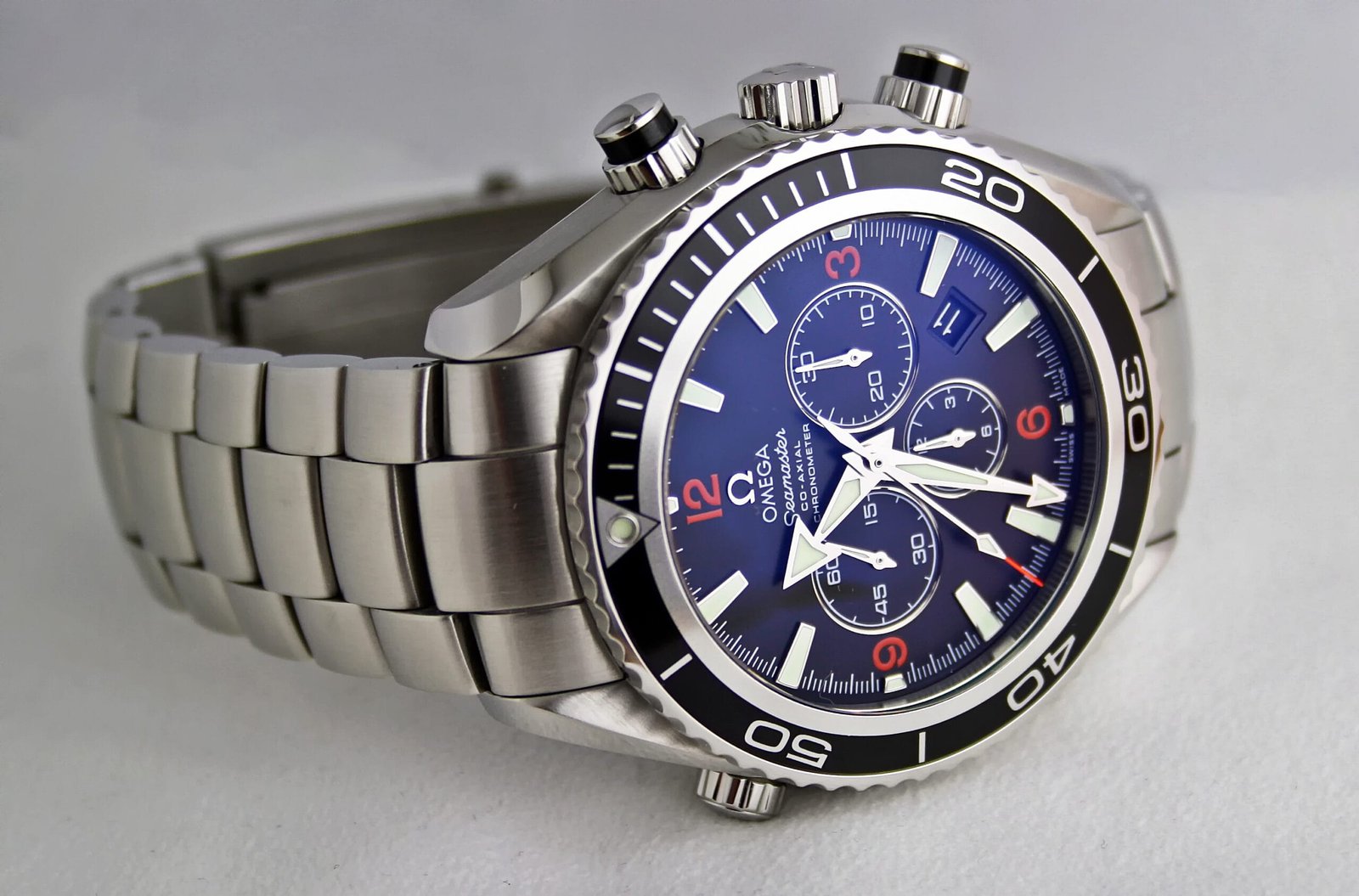 Omega Seamaster Planet Ocean dive watch on a steel bracelet