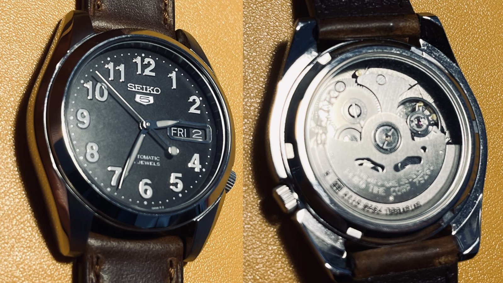 Seiko 7S26 automatic movement inside an SNK381, showing the rotor and balance assembly