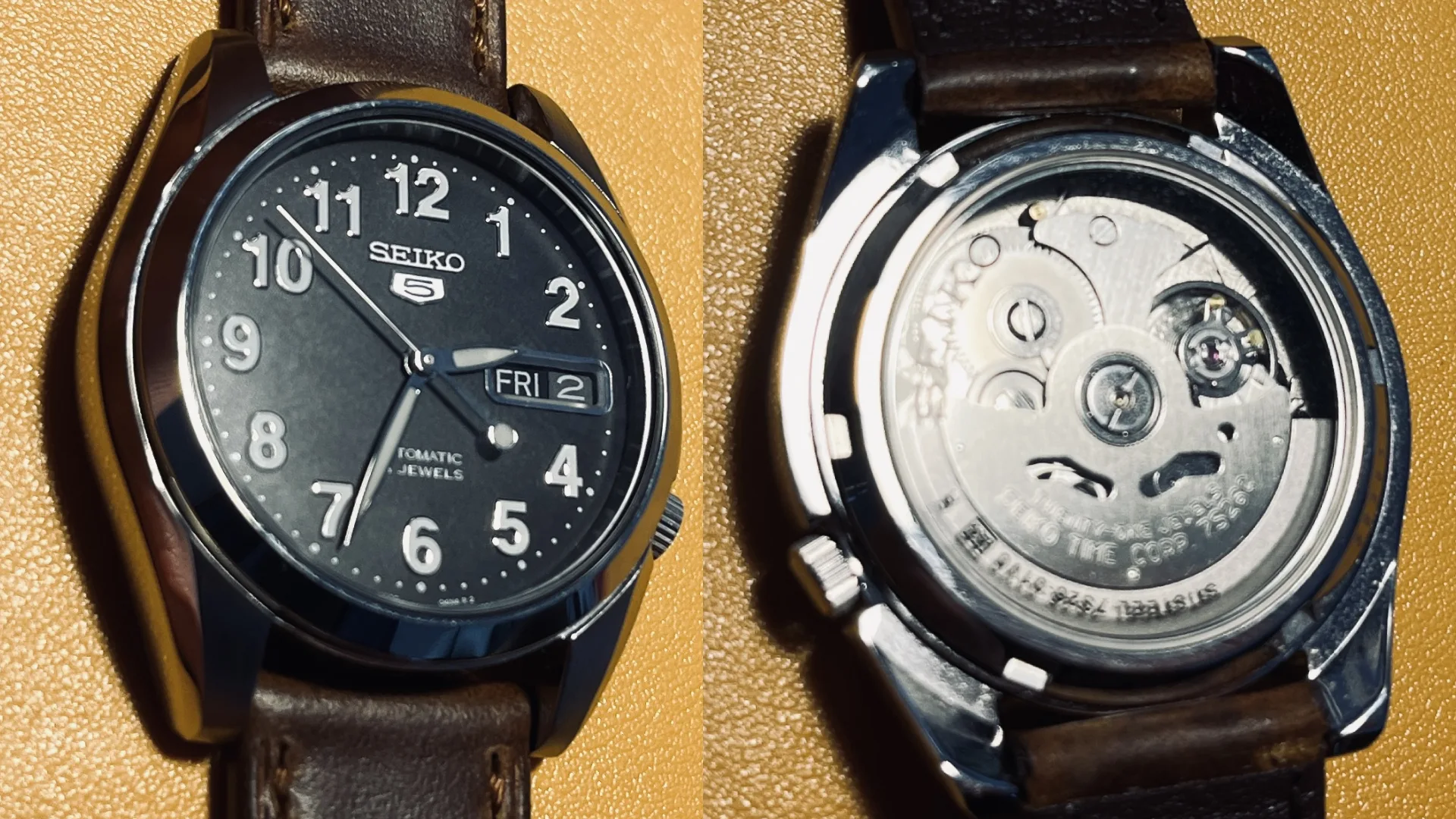 Seiko 7S26 automatic movement inside an SNK381, showing the rotor and balance assembly