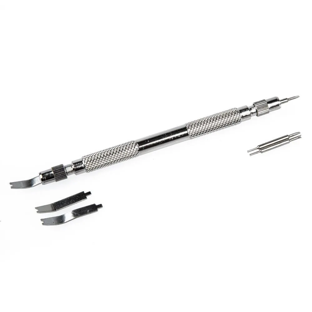 Stainless steel strap removal tool with four interchangeable spring bar heads