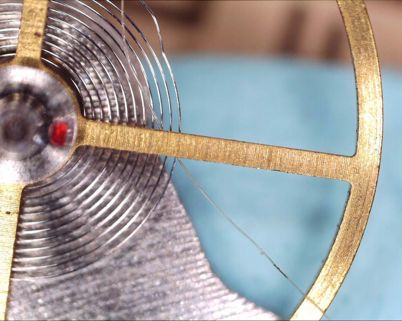 Wristwatch balance wheel and spiral balance spring next to a human hair for scale