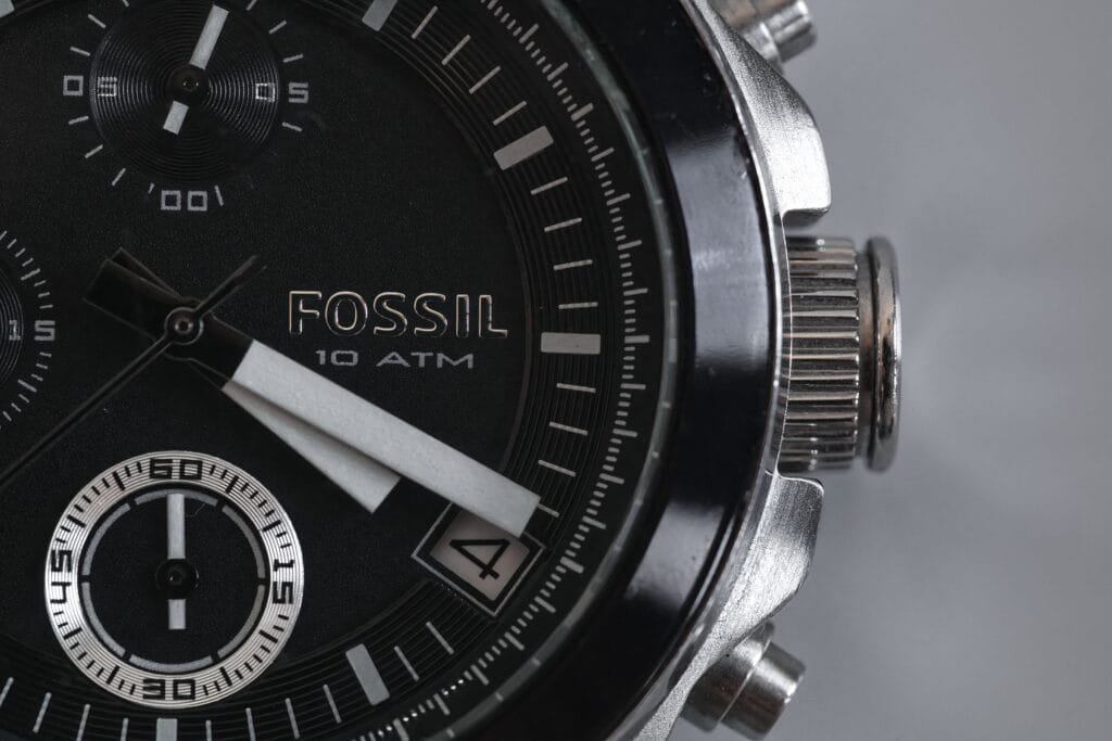 Close-up of a Fossil chronograph watch dial with sub-dials and date